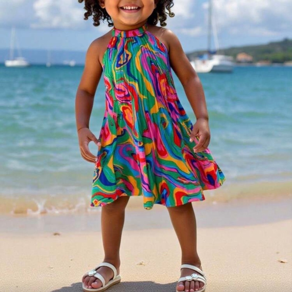 Psychedelic Swirl Pleated Halter Dress Multicolor Retro Summer Kids